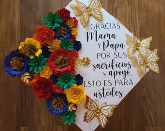 Custom Personalized Graduation Cap Topper Mexico Mexican Sarape Gracias Mama Papa Para mis Padres Nurse BSN RN MSN Sunflowers Roses Gold