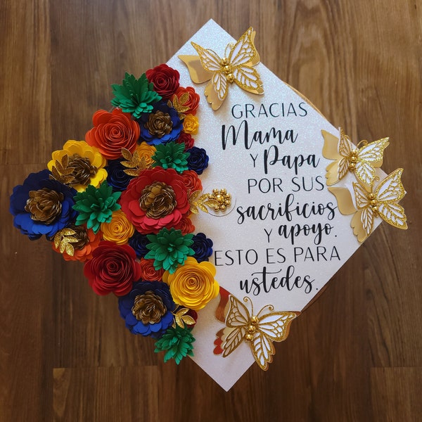 Custom Personalized Graduation Cap Topper Mexico Mexican Sarape Gracias Mama Papa Para mis Padres Nurse BSN RN MSN Sunflowers Roses Gold
