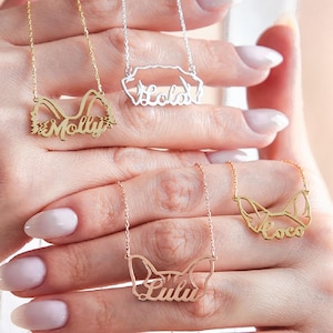 Dog Name Necklace, Personalized Dog Ears Necklace, Custom Pet Jewelry, Pet Name Necklace, Pet Memorial Gift, Dog Mom Gift, Animal Jewelry