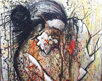 May include: Abstract painting with a figure in the center. The figure is painted in shades of white, brown, and red. The background is a mix of yellow, white, and black.