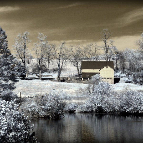 Handmade blank greeting card "The Farm by the Pond" featuring original infrared photography by Beth Trepper