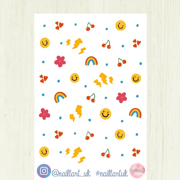 Nail art waterslide decals / stickers - 90s Smiley Rainbow Pop Art Decals