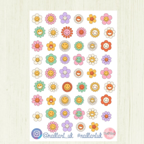 Nail art waterslide decals / stickers - Retro Groovy Hippy Flower Festival 60s 70s Decals