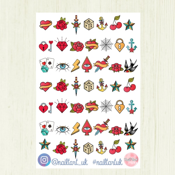 Old School Style Tattoos Decals - Nail art waterslide decals / stickers