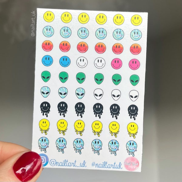 Nail art waterslide decals / stickers - Rainbow Acid Raver Festival Alien Drippy Smiley Faces