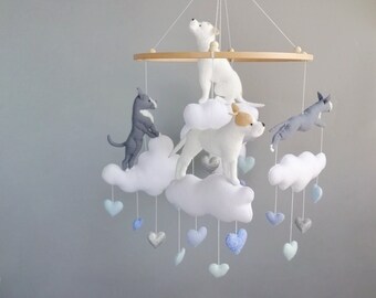 Felt dog mobile baby nursery decor, white labrador retriever gray pitbull dog mobile baby shower gift, custom dog cloud heart felt mobile