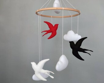 Swallow bird mobile black white red minimalist nursery decor, mom to be gift baby mobile, gender neutral shower gift, simple spiral mobile