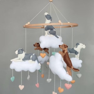 Gray pitbull mobile baby nursery decor, custom brown dog baby mobile, felt dog crib hanging decor, dog lover mobile shower gift FloreenHM