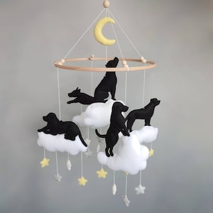 Black felt labrador baby mobile nursery decor, lab dog lovers shower gift, mobile dogs crib hanging, unusual gift pregnant friend dog mobile
