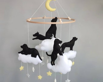 Black felt labrador baby mobile nursery decor, lab dog lovers shower gift, mobile dogs crib hanging, unusual gift pregnant friend dog mobile