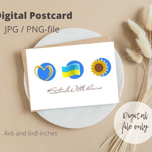 Stand with Ukraine, Instant Download Mediendatei, Ukraine Digitaldruck Postkarte Sonnenblume Herz Flagge, Pray for Peace Ukraine