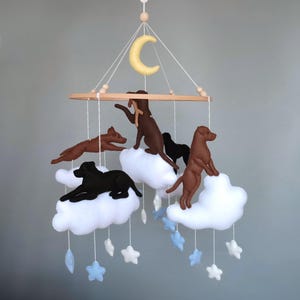 Playing labrador dogs baby mobile nursery decor, black lab chocolate dog baby shower gift crib hanging, mom to be gift custom dog mobile