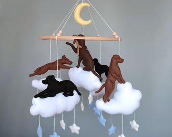 Playing labrador dogs baby mobile nursery decor, black lab chocolate dog baby shower gift crib hanging, mom to be gift custom dog mobile