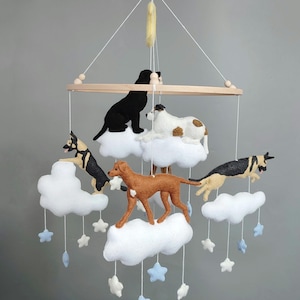 6 dogs mobile baby shower gift, felt dogs nursery decor, shepherd dog mobile mom to be gift, ridgeback dog crib hanging, custom pet mobile