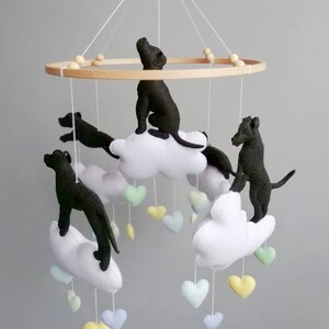Dog mobile baby nursery decor, custom black labrador retriever dog baby mobile, sewed crib hanging shower gift, mom to be unique gift mobile