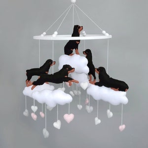 Rottweiler baby mobile felt nursery decor, baby shower gift dogs mobile, black rottie decor crib hanging, rottweiler dog mobile newborn gift