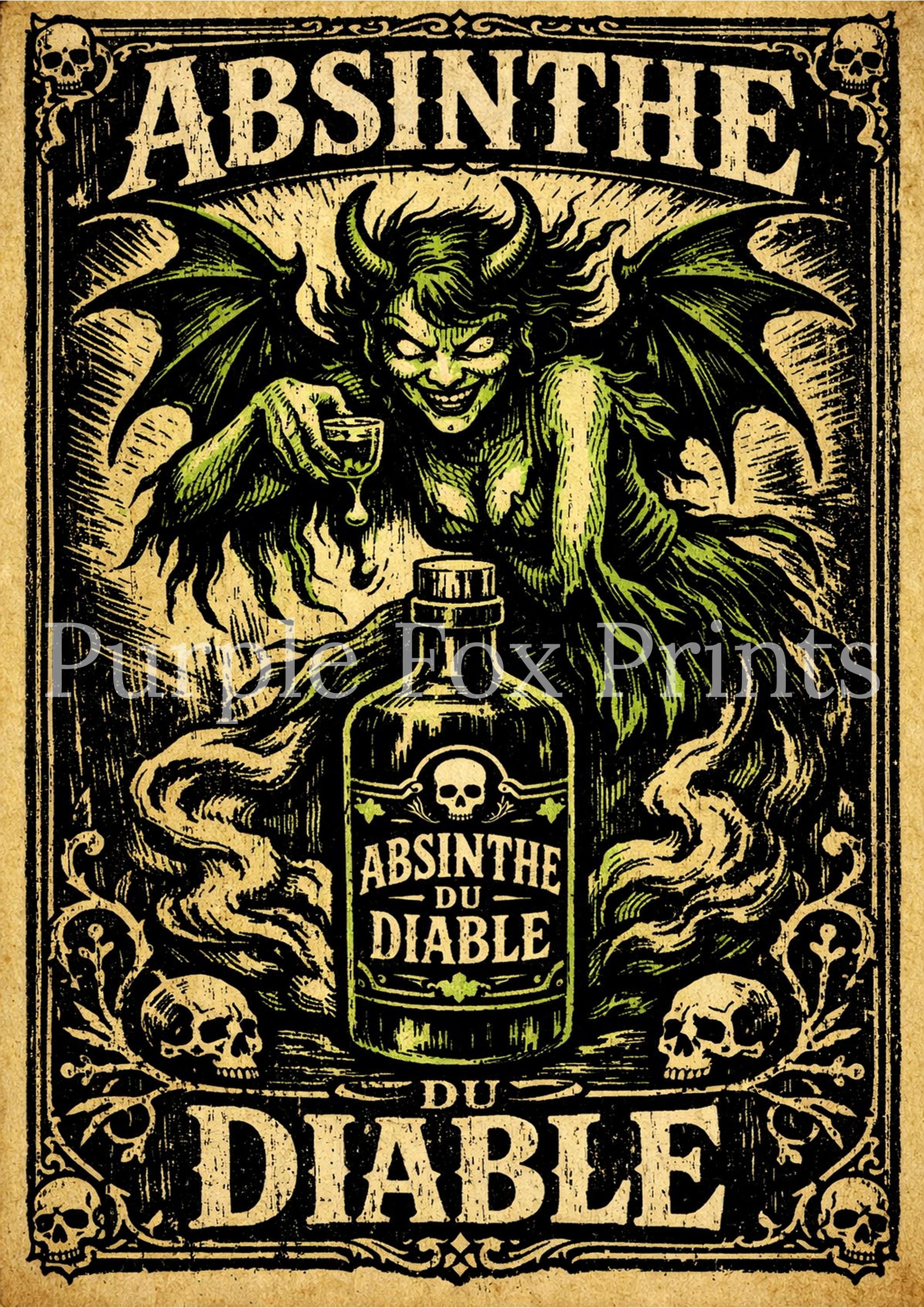 Absinthe Diable Vintage Gothic Digital Art Print | Green Fairy | Devil ...