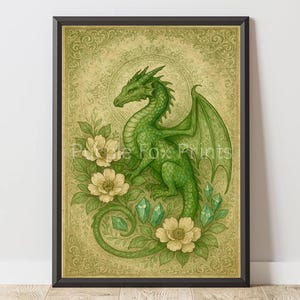 Verdant Wyrm & Wildflowers Dragon Digital Print | Fantasy | Folklore | Fairytale | Digital Download | Green | Gift Idea | Printable | A4