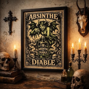 May include: A framed vintage-style poster with the words "Absinthe du Diable" features a green devil-like figure holding a glass. The poster is surrounded by skulls, candles, and a cross, creating a gothic aesthetic.