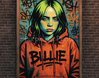 Billie Eilish-muurafdruk | Digitale download portret popmuziek | Street art-stijl poster | Modern kunstwerk | Graffiti