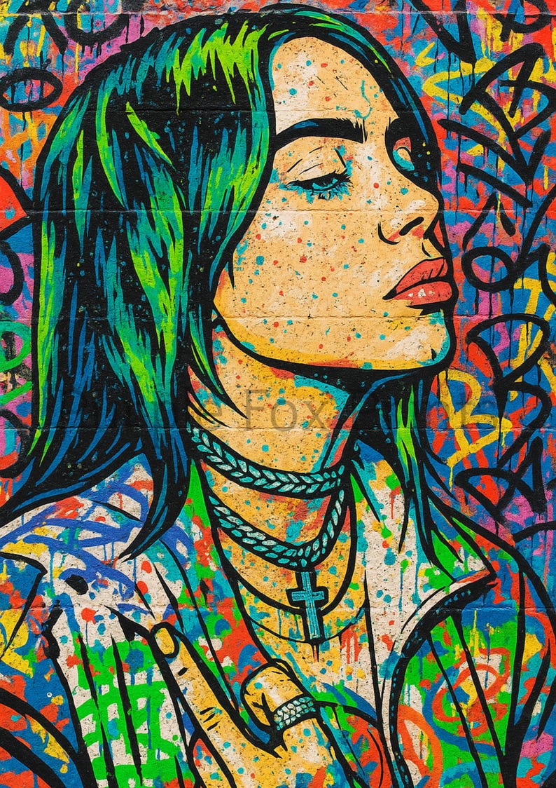 Op de afbeelding: Een levendig pop-artportret van een persoon met groen en blauw haar, versierd met kettingen en een kruisvormige hanger. Het kunstwerk heeft een kleurrijke graffiti-achtige achtergrond met verfspatten en abstracte vormen.