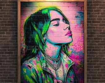 Graffitikunstdruk Billie Eilish: neonpopportret (digitale download)