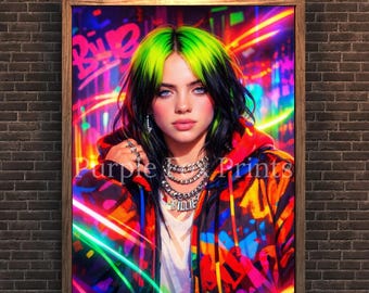 Billie Eilish-graffitiprint | Neon | Raak me hard en zacht | Muurkunst | Retro | Digitale download | Afdrukbaar | Verschillende maten
