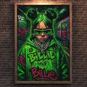 Impressão artística de grafite de Billie Eilish: decoração de parede retrô neon (download digital)