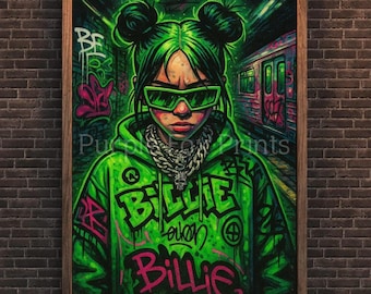 Billie Eilish graffitikunstdruk: neon retro muurdecoratie (digitale download)