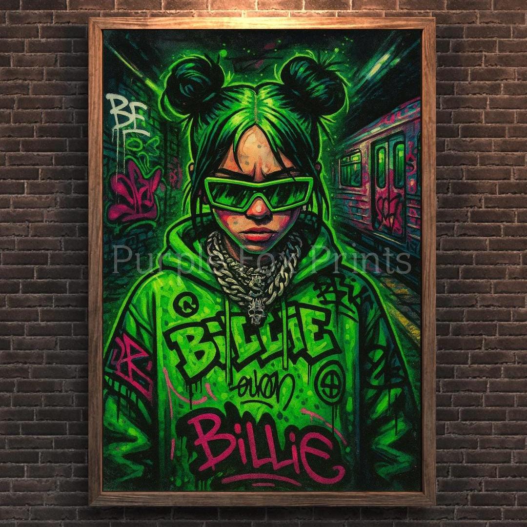 Billie Eilish Graffiti Art Print: Neon Retro Wall Decor (digital