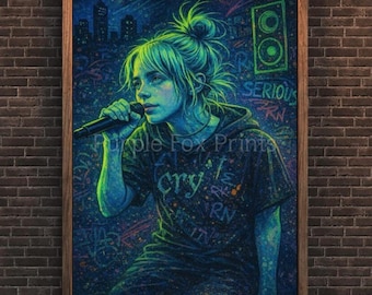 Billie Eilish digitale kunstafdruk | Portret neonpop zanger | Muurkunst moderne muziek | Poster direct downloaden