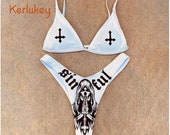 Women Funny Letters Print 2Pcs Bikini Suits Deep V-neck Detachable Breast Pad Sling Tops with Triangle Bottoms Swimsuits 2021