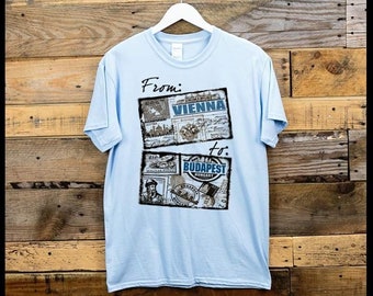 From Vienna to Budapest Vacation postcard t-shirt, Hungary to Austria European Travel Tee