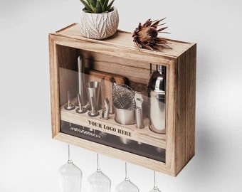 32+piece personalized cocktail kit, wine rack mini bar for modern home, rustic barware set, wedding anniversary gift, birthday, closing gift