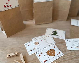 DIY-Set Adventskalender, Zahlen von 1-24, zauberhaft illustriert, Tütchen und Klammern