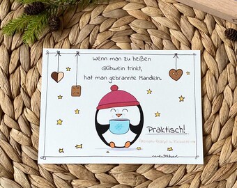 Weihnachtskarte „Gebrannte Mandeln", Karte mit Pinguin und Kochrezept
