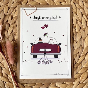 Karte "Just Married“, Hochzeitskarte mit Auto, Brautauto