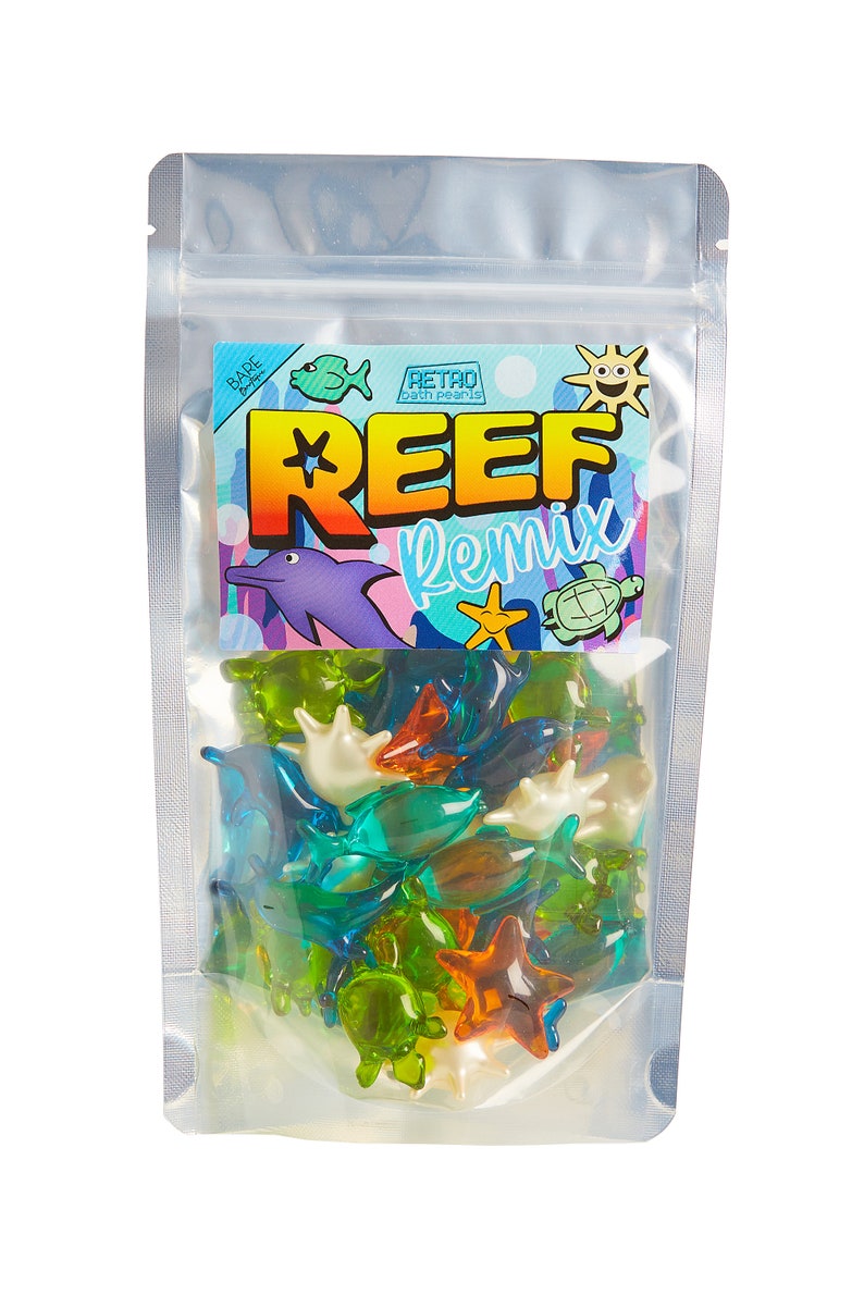 Reef Remix Packung mit 30 unter dem Meer thematisierten Badeperlen. Delfine, Seeigel, Fische, Seesterne und Schildkröten. Retro Geschenk, Strumpffüller. Bild 2