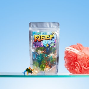 Reef Remix Packung mit 30 unter dem Meer thematisierten Badeperlen. Delfine, Seeigel, Fische, Seesterne und Schildkröten. Retro Geschenk, Strumpffüller. Bild 1