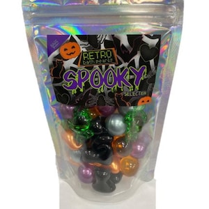Retro Bath Pearls - Spooky Selection. 30 Halloween Themed Bath Pearls. Halloween Accessories. Black Cats, Frogs, Purple, Orange, Grey Pearls