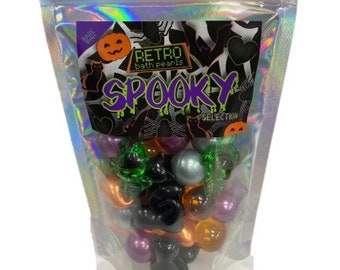 Retro Bath Pearls - Spooky Selection. 30 Halloween Themed Bath Pearls. Halloween Accessories. Black Cats, Frogs, Purple, Orange, Grey Pearls