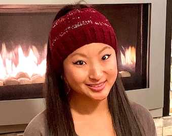 Hand Knit Glitzy Messy Bun Beanie Hat