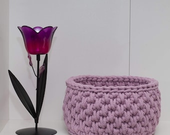 Pink Crochet storage basket, Round basket, Recycled cotton cord basket, Housewarming gift, Crochet home decor, Home organising, Table decor