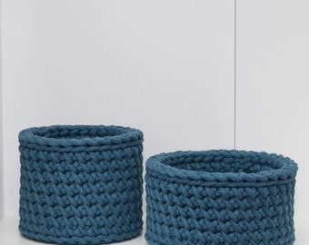 Crochet baskets, Round Blue storage basket set, Sustainable cord basket, Upcycled cord decorative basket, Home organising, Mom gift ideas