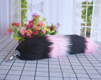 Fox Tail Butt Plug, Faux Fur Tail Plug, Anal Plug, Sex and Cosplay Toys(17"/20" pink black )