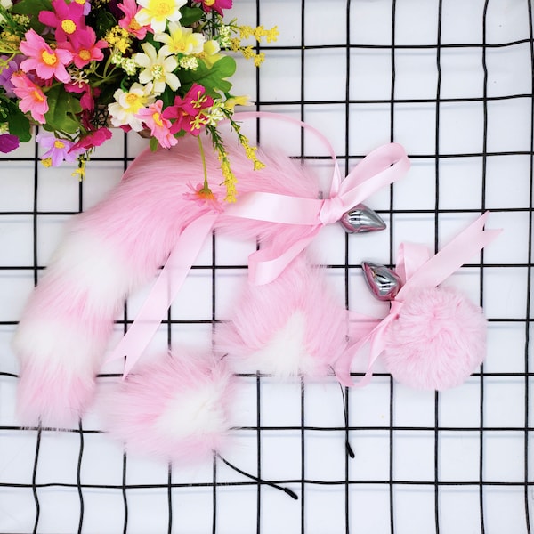 Cat Tail Butt Plug Bunny Tail Plug and Ears set, Faux Fur Tail Plug, Anal Plug, Sex Toys ( 15” pink white）