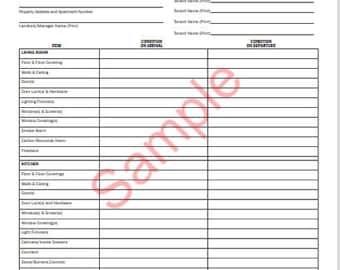 Pode incluir: Uma lista de verificação imprimível para proprietários e inquilinos para documentar a condição de uma propriedade de aluguel ao se mudar e ao se mudar. A lista de verificação inclui seções para a sala de estar e a cozinha, com itens como pisos, paredes, tetos, portas, janelas, eletrodomésticos, etc.