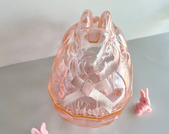 Vintage Pink Rabbit, Easter Bunny Candy Container; Faceted "Jewel" Plastic, Lidded Treat Holder by Dudley