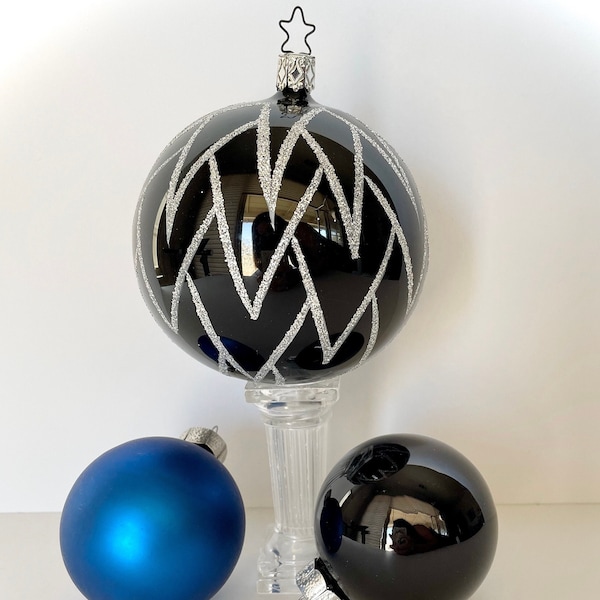 Black and Silver Glitter Ornament; Vintage Neiman Marcus Art Glass Orb, Bauble, Witches Ball; OR Pair of Black and Royal Blue Ornaments