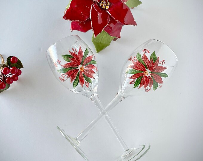 Vintage Hand Painted Poinsettia Wine Glass Christmas Stemware Eclectic